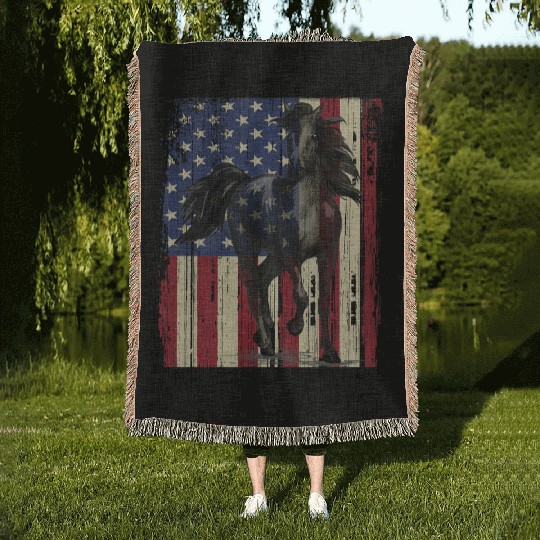 Horse American Flag Horseback Riding Horse Lover Woven Blankets
