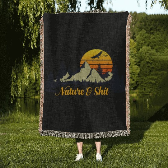 Nature And Shit Camping Mountain Retro Sunset Woven Blankets