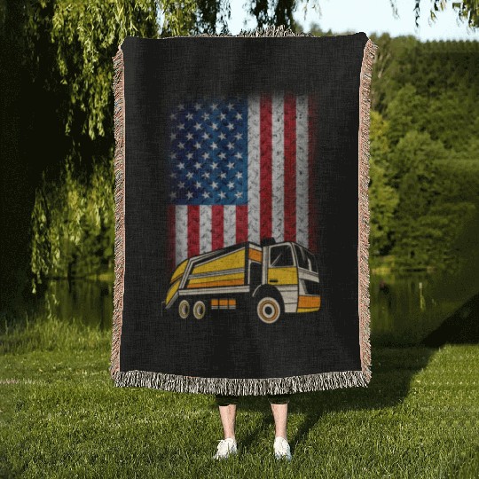 Garbage Truck USA Flag Gift Woven Blankets