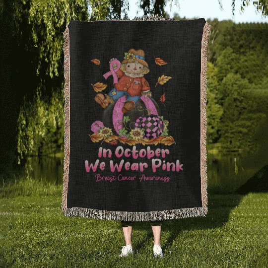 In October We Wear Pink Ribbon Scarecrow Woven Blankets