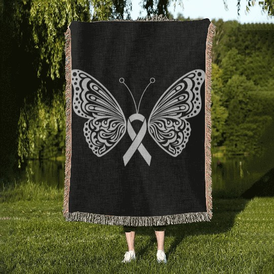 Lung Cancer Awareness White Ribbon Butterfly Woven Blankets