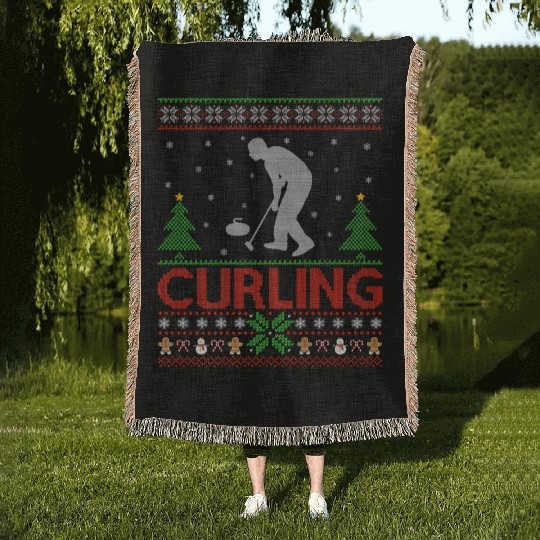 Curling Sports Lover Santa Ugly Curling Christmas Woven Blankets