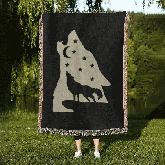 Wolf silhouette howling wolf moonlight Woven Blankets