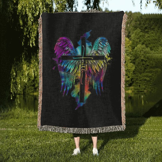 FAITH CROSS WINGS COLORFUL Cross Angel Jesus 2939 Woven Blankets