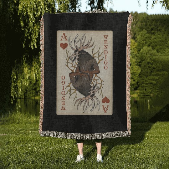Wendigo Playing Card - Ace of Hearts Cryptid Art Woven Blankets
