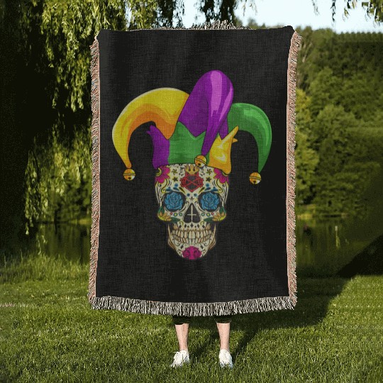 Sugar Skull Mardi Gras Jester Joker Louisiana Carn Woven Blankets