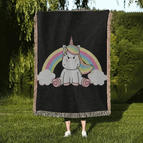 Grumpy Unicorn Evil Bad Mood Unicorn Rainbow Woven Blankets