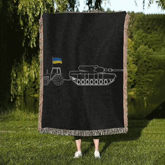 Ukrainian Tractor Pulling Tank With Ukraine Flag Woven Blankets