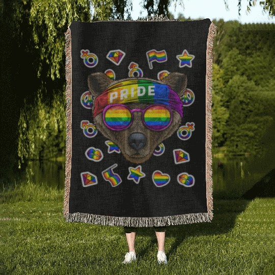 LGBT Bear Gay Pride Month Grizzly Bear Rainbow Les Woven Blankets