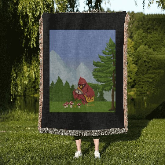 Cardinal Bird Foraging Collecting Mushrooms Woven Blankets