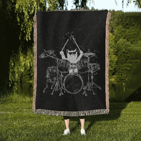 Punk Rockstar Kitty Cat Drummer Playing Drums Woven Blankets