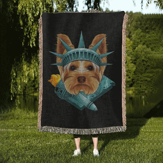 Statue Of Liberty Yorkshire Terrier 4th Of July US Woven Blankets