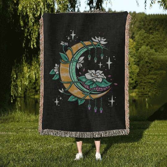 Floral Moon Celestial Lunar Flowers Aesthetic Cres Woven Blankets