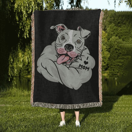 Cute Pitbull I Love Mom Tattoo Woven Blankets