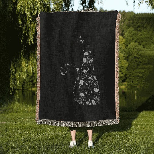 Black cat with flower Woven Blankets