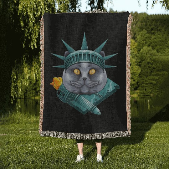 Statue Of Liberty British Shorthair 4th Of July US Woven Blankets