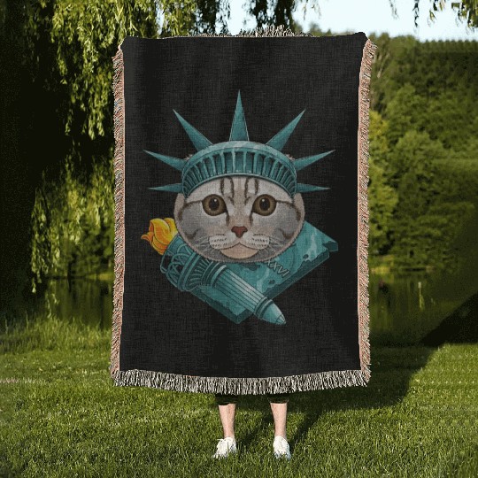 Statue Of Liberty Scottish Fold 4th Of July Cat US Woven Blankets