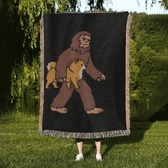 Bigfoot Sasquatch Walking Pomeranian Woven Blankets