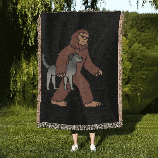 Bigfoot Sasquatch Walking Irish Wolfhound Woven Blankets