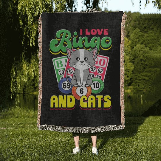 I love bingo and cats - cat saying quote Woven Blankets