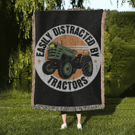 Easily Distracted By Tractors Farming Farmer Woven Blankets