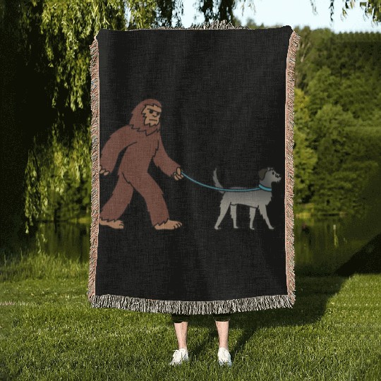 Bigfoot Sasquatch Walking Irish Wolfhound Woven Blankets