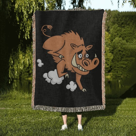 Wild boar animal cartoon running Woven Blankets