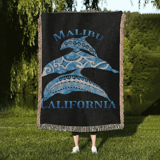 Malibu California Vacation Tribal Dolphins Woven Blankets