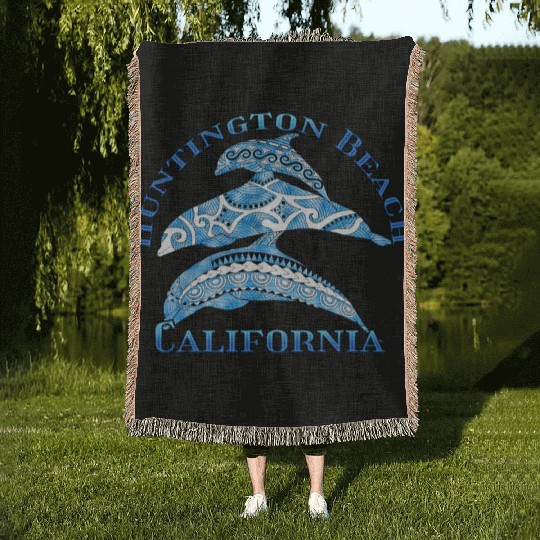 Huntington Beach California Vacation Tribal Dolphi Woven Blankets