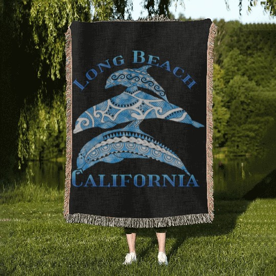 Long Beach California Vacation Tribal Dolphins Woven Blankets