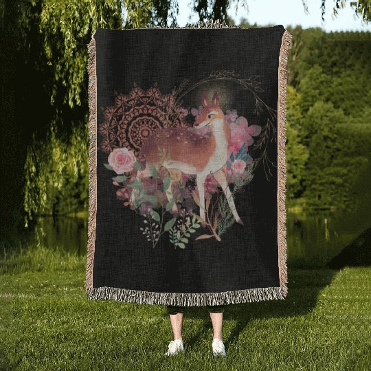 Sweet Deer In Wild Spring Woven Blankets
