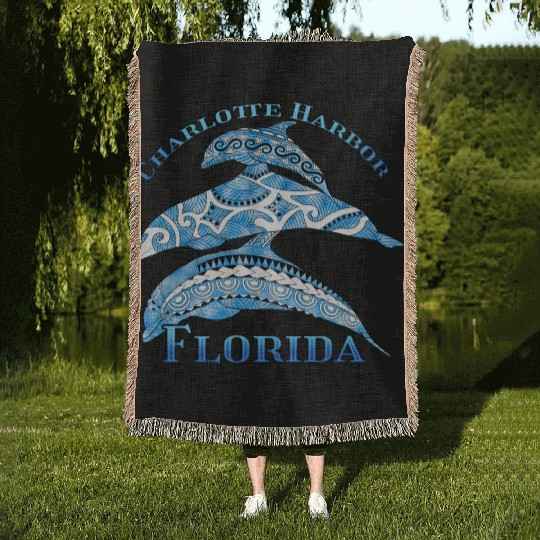 Charlotte Harbor Florida Vacation Tribal Dolphins Woven Blankets