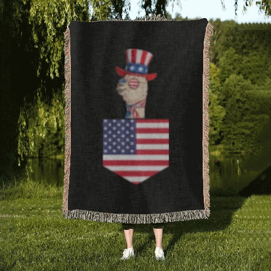 Patriotic Day Llama US Flag Llama Pocket 4th of Woven Blankets