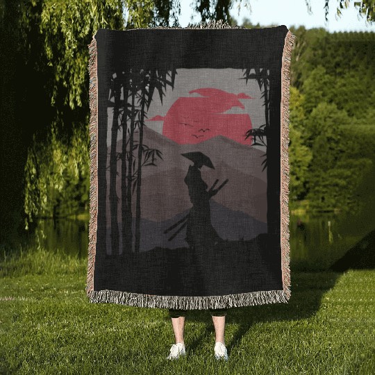 Artistic Samurai Sunset Bushido Nature Japanese Woven Blankets