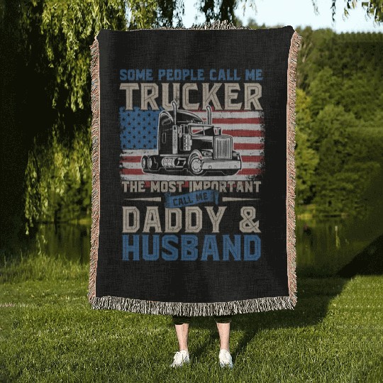 Truck Driver Trucker Daddy Husband US Flag Woven Blankets
