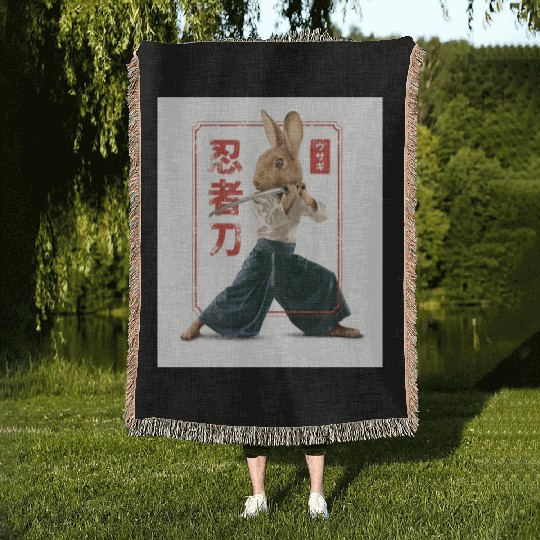 Rabbit with katana Rabbit with katana gift inspira Woven Blankets