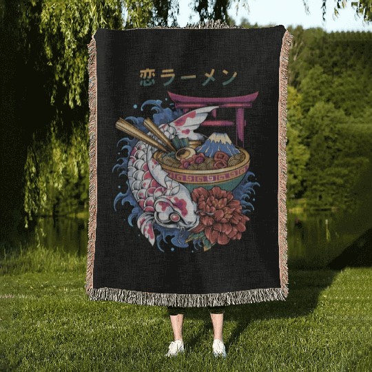 koi fish ramen Woven Blankets