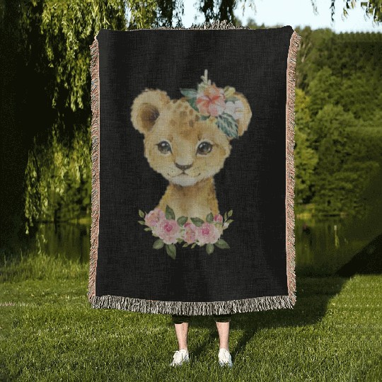 Cute Baby Leopard With Watercolor Flowers Woven Blankets