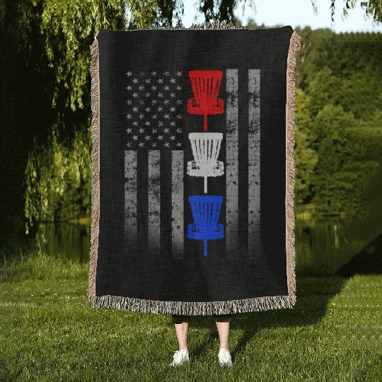 Red White and Blue Disc Golf Flag Woven Blankets