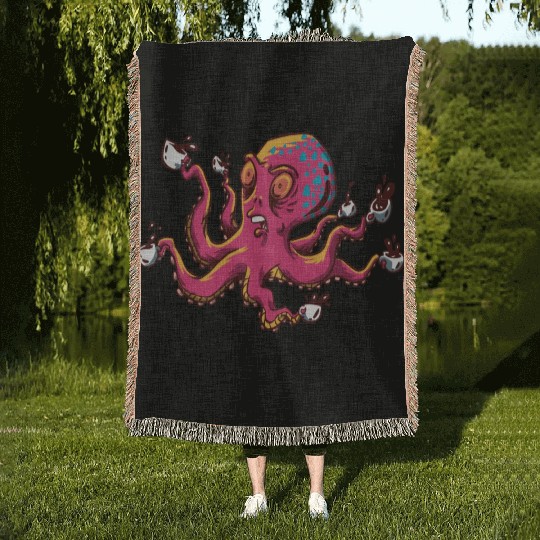 Octopus Drinking Coffee Woven Blankets