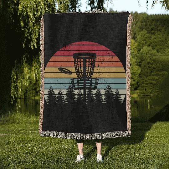 Disc Golf Retro Distressed Trees Sunset Woven Blankets