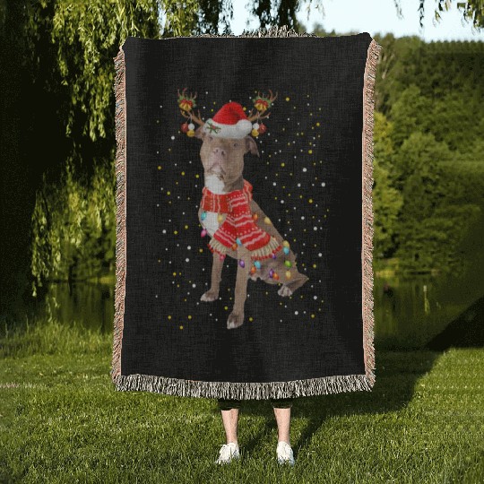 Pitbull Reindeer Christmas Light Woven Blankets