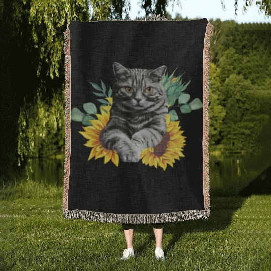 Black Cat With SunFlowers, Gifts For Kitten Lovers Woven Blankets