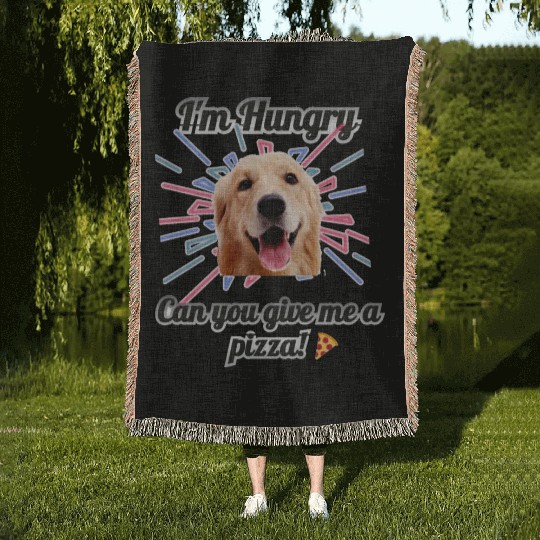 Dog wants to eat pizza Woven Blankets