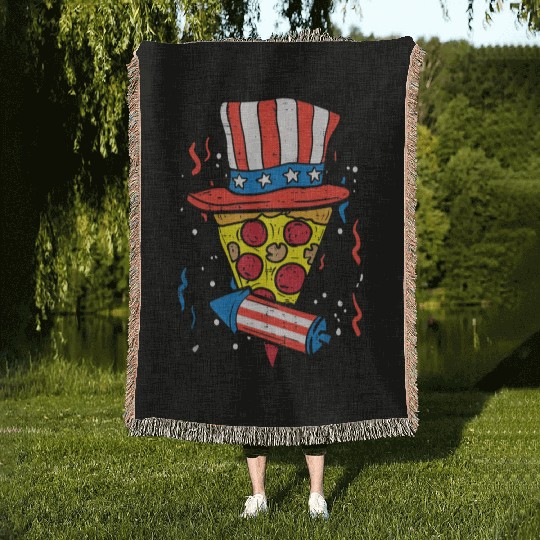 Pizza US Flag Hat Firecracker 4th Of July Food Woven Blankets