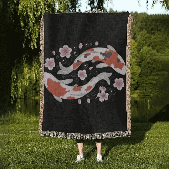 Japanese Koi Fish and Cherry Blossom Woven Blankets
