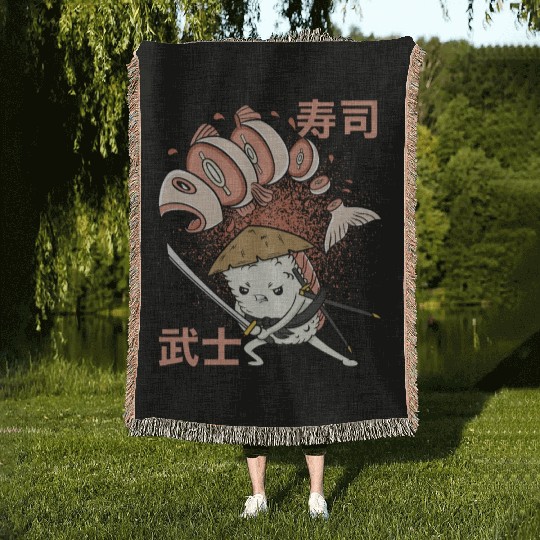 Funny Retro Sushi Samurai Sushi Warrior Ninja Move Woven Blankets