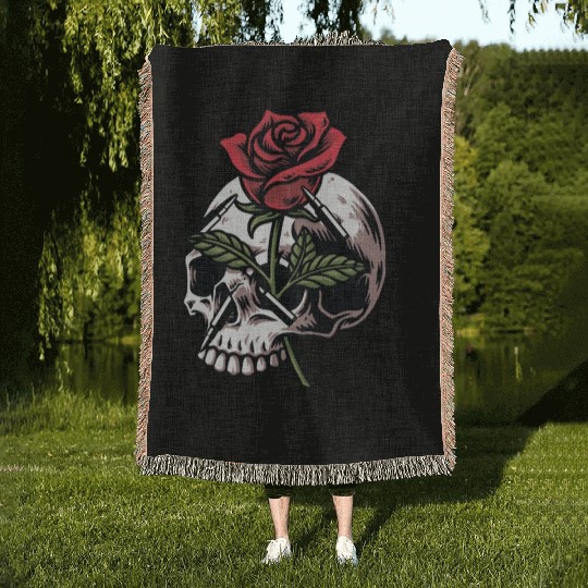 Bullets and Skull Roses Aesthetic Dripping Pattern Woven Blankets