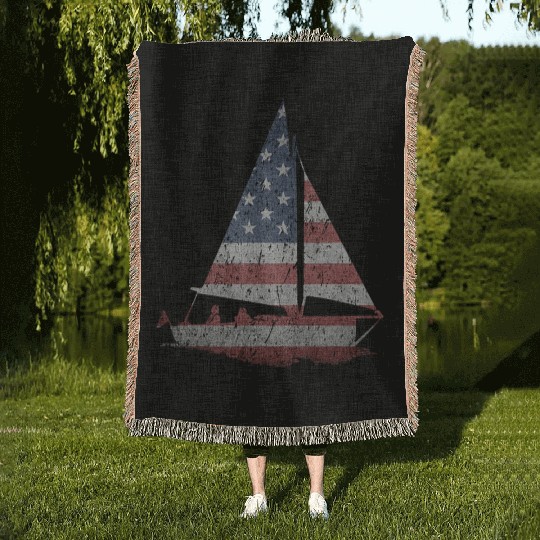 Distressed Stars Stripes Sailboat Sailing Adventur Woven Blankets