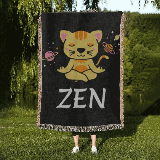 zen yoga cat space meditation sport training Woven Blankets